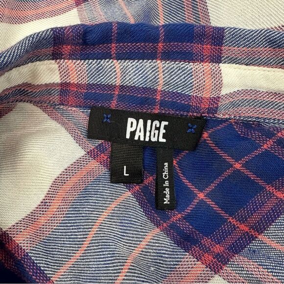 PAIGE Trudy Shirt in White/Blue Mazarine and Coral Spice Button Down Shirt Sz L - Picture 7 of 8